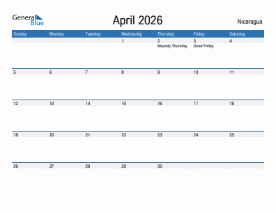 Current month calendar with Nicaragua holidays for April 2026