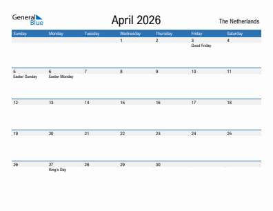 Current month calendar with The Netherlands holidays for April 2026