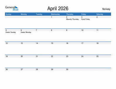 Current month calendar with Norway holidays for April 2026