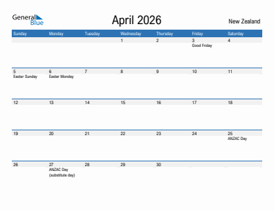 Current month calendar with New Zealand holidays for April 2026