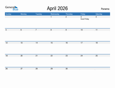 Current month calendar with Panama holidays for April 2026
