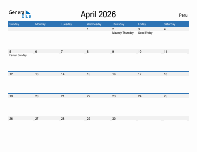 Current month calendar with Peru holidays for April 2026