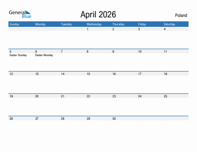 Current month calendar with Poland holidays for April 2026