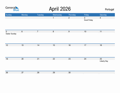 Current month calendar with Portugal holidays for April 2026