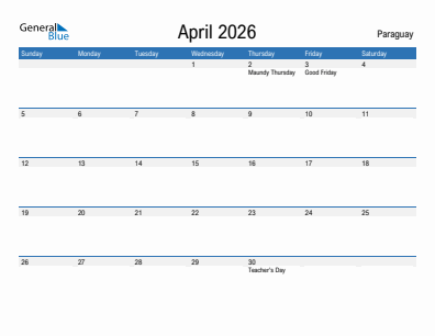 Current month calendar with Paraguay holidays for April 2026