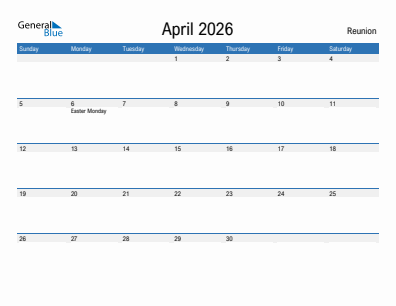 Current month calendar with Reunion holidays for April 2026