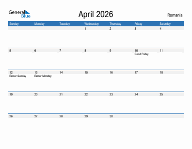Current month calendar with Romania holidays for April 2026