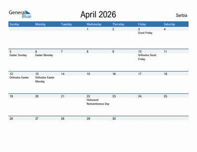 Current month calendar with Serbia holidays for April 2026