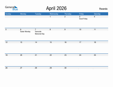 Current month calendar with Rwanda holidays for April 2026