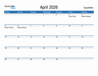 Current month calendar with Seychelles holidays for April 2026