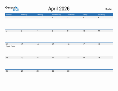 Current month calendar with Sudan holidays for April 2026