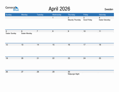 Current month calendar with Sweden holidays for April 2026