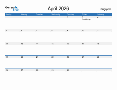 Current month calendar with Singapore holidays for April 2026