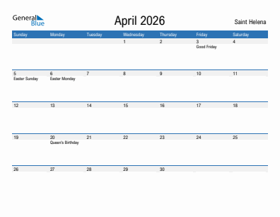 Current month calendar with Saint Helena holidays for April 2026