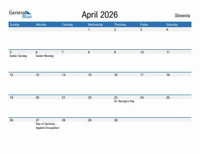 Current month calendar with Slovenia holidays for April 2026