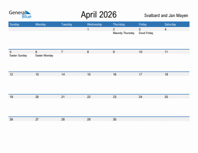 Current month calendar with Svalbard and Jan Mayen holidays for April 2026