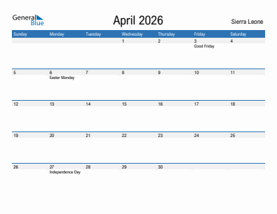 Current month calendar with Sierra Leone holidays for April 2026