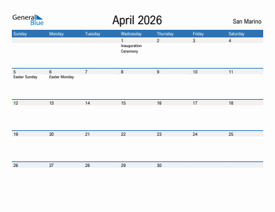 Current month calendar with San Marino holidays for April 2026
