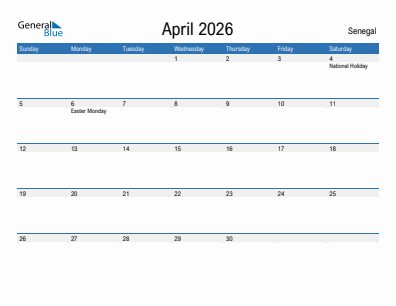 Current month calendar with Senegal holidays for April 2026