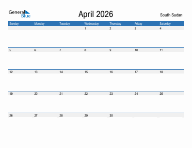 Current month calendar with South Sudan holidays for April 2026