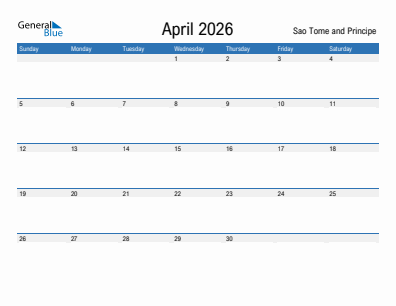 Current month calendar with Sao Tome and Principe holidays for April 2026