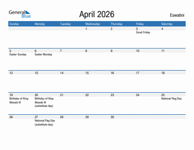 Current month calendar with Eswatini holidays for April 2026