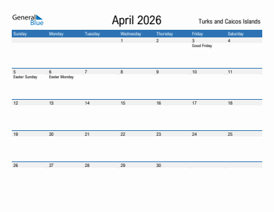 Current month calendar with Turks and Caicos Islands holidays for April 2026