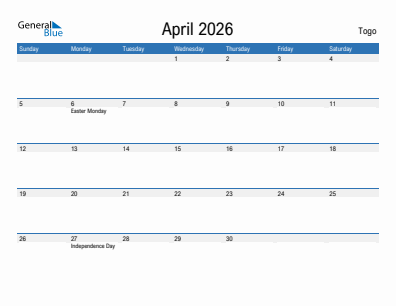 Current month calendar with Togo holidays for April 2026