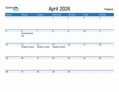 Current month calendar with Thailand holidays for April 2026