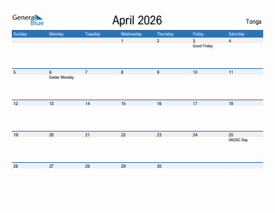 Current month calendar with Tonga holidays for April 2026