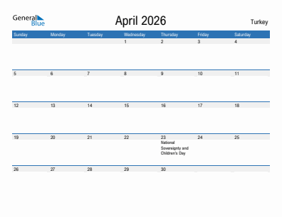 Current month calendar with Turkey holidays for April 2026