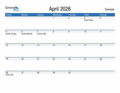 Current month calendar with Tanzania holidays for April 2026