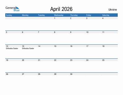 Current month calendar with Ukraine holidays for April 2026