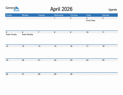 Current month calendar with Uganda holidays for April 2026