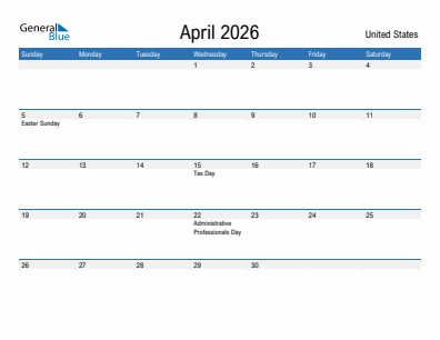 Current month calendar with United States holidays for April 2026
