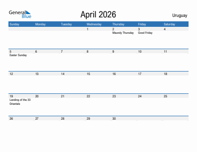Current month calendar with Uruguay holidays for April 2026