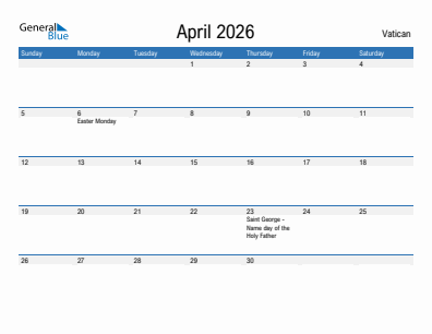 Current month calendar with Vatican holidays for April 2026