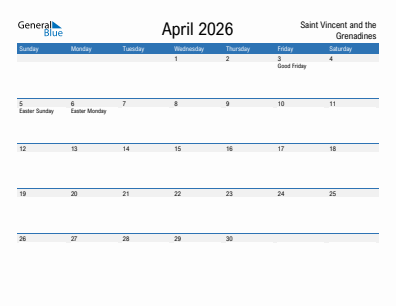 Current month calendar with Saint Vincent and the Grenadines holidays for April 2026