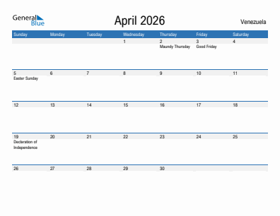 Current month calendar with Venezuela holidays for April 2026