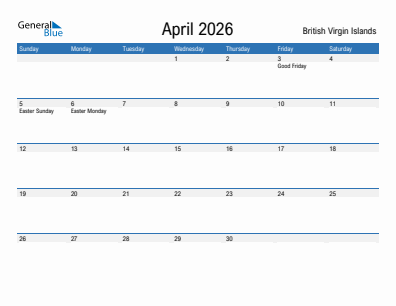 Current month calendar with British Virgin Islands holidays for April 2026