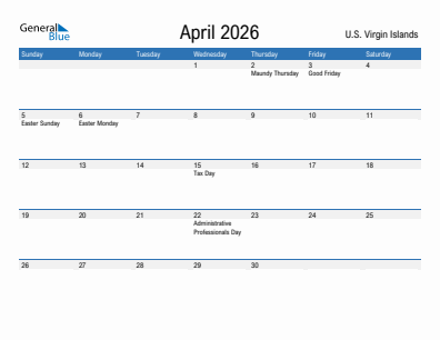 Current month calendar with U.S. Virgin Islands holidays for April 2026