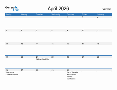 Current month calendar with Vietnam holidays for April 2026