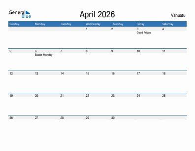 Current month calendar with Vanuatu holidays for April 2026
