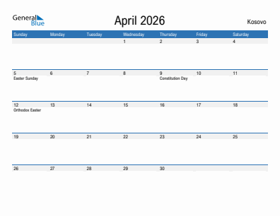 Current month calendar with Kosovo holidays for April 2026