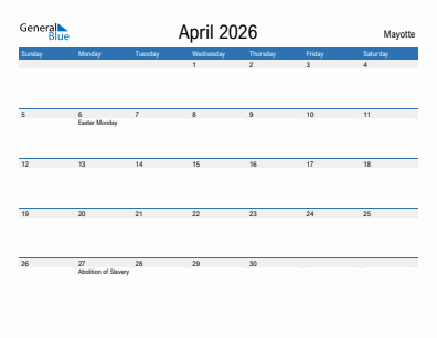 Current month calendar with Mayotte holidays for April 2026