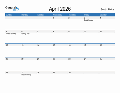 Current month calendar with South Africa holidays for April 2026