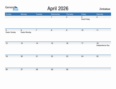 Current month calendar with Zimbabwe holidays for April 2026