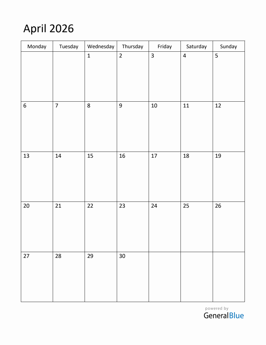 Editable April 2026 Monthly Calendar