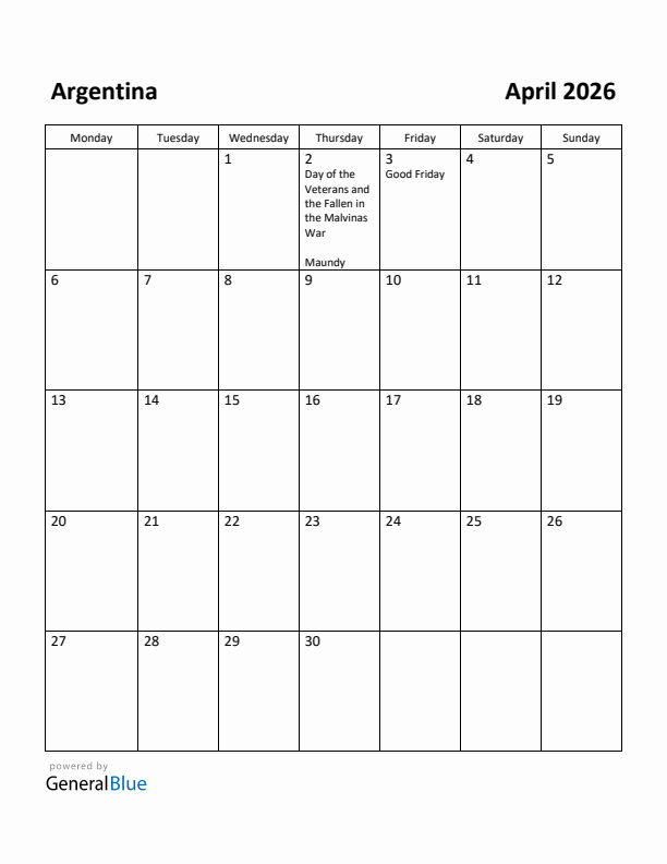April 2026 Calendar with Argentina Holidays