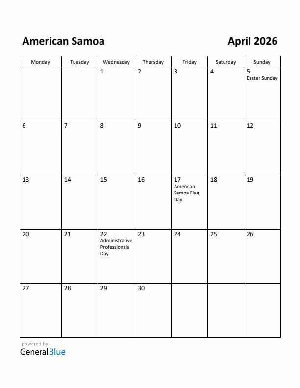 April 2026 Calendar with American Samoa Holidays